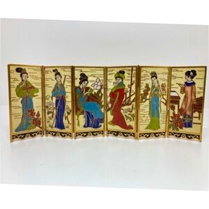 Vintage Cloisonné Asian Tabletop Screen with Beautiful Geisha Scenes Design